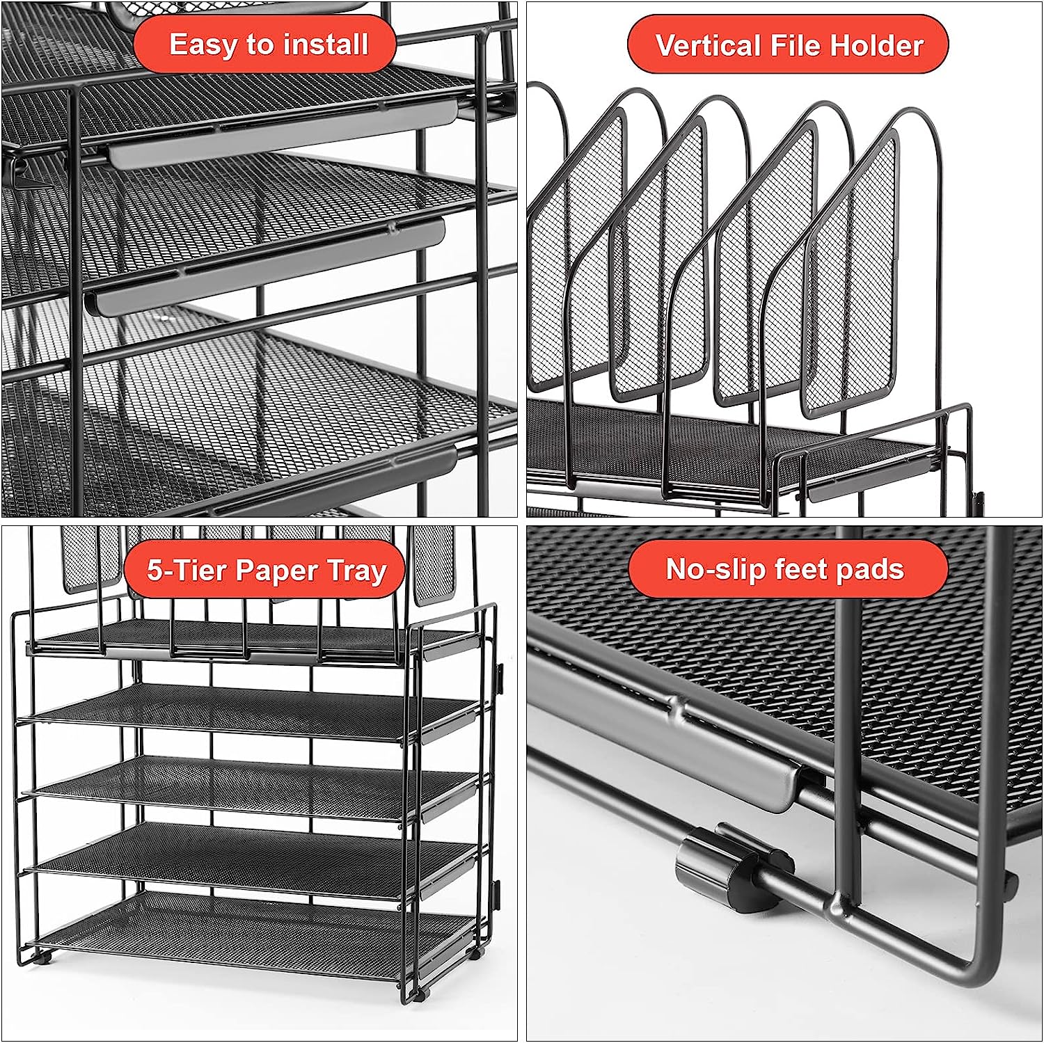 Lavatino Desk Organizers with File Sorter, 5-Tier Mesh Desk File Organizer with 5 Vertical File Holders, Multifunction Desktop Organizer, Desk Organizers and Accessories for Home Office - Image 3
